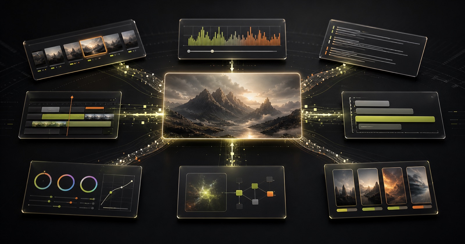 Eight AI video editing workflows converging on one finished video frame