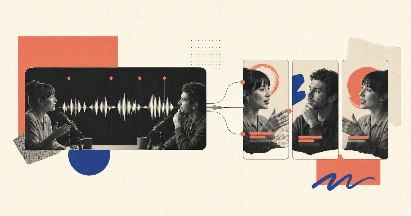 Editorial illustration of a video podcast divided into vertical short clips