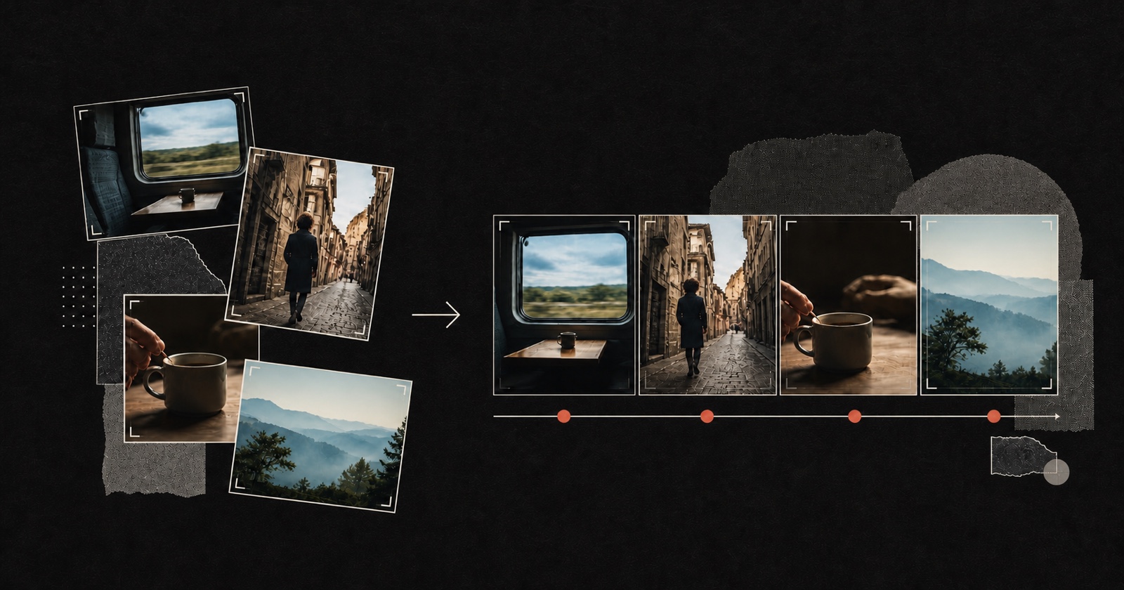 Train, street, coffee and landscape footage is arranged into a coherent travel sequence